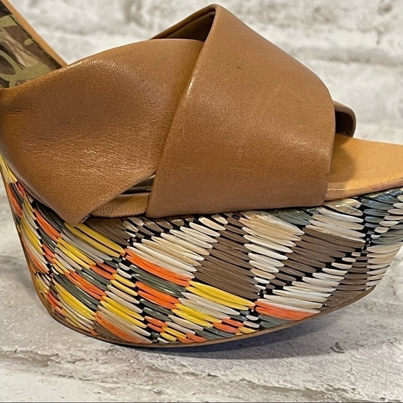 SAM EDELMAN Mason Tan Leather and Multi-Color Rainbow Straw Platform Heels 9.5 - Picture 5 of 6